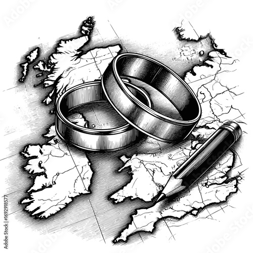 Detailed sketch of two rings on a map in black and white