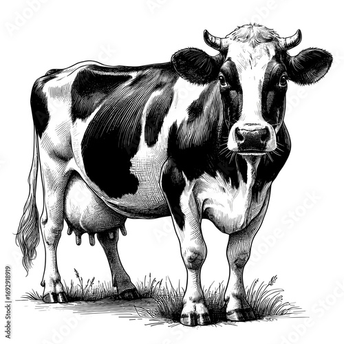 Black and white cow standing on grass background