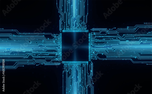 Closeup of a central square microchip with intricate glowing blue circuit pathways extending outwards on a dark background, symbolizing computing power