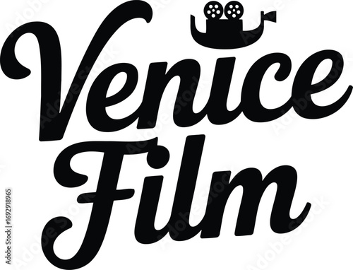 Venice Film Festival Logo with Gondola Silhouette on Camera Reel, Black and White Design