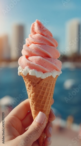 Bright Ice Cream Cone Held High in the Air on a Sunny Day in a Vibrant Outdoo...