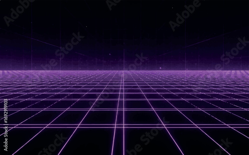 A neon purple grid extending into a dark, infinite digital space, creating a sense of depth and virtual reality, often used in retrofuturistic themes