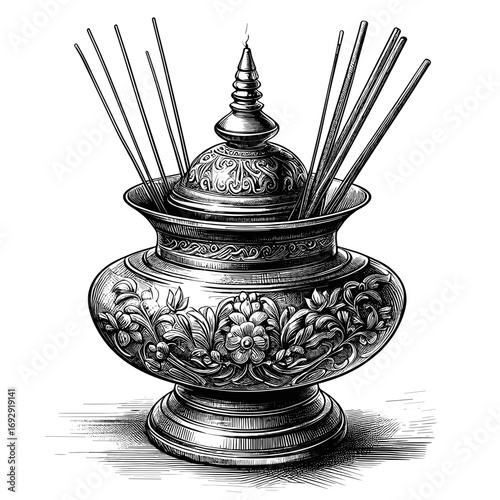 Ornate incense burner in black and white illustration for rituals