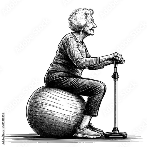 Elderly person sitting on exercise ball holding cane