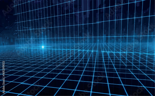 Abstract blue grid network glowing in the dark, representing digital space, technology, and data flow