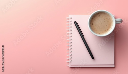 Simple Workspace With Coffee, Notebook, and Pen on Pink Backdrop