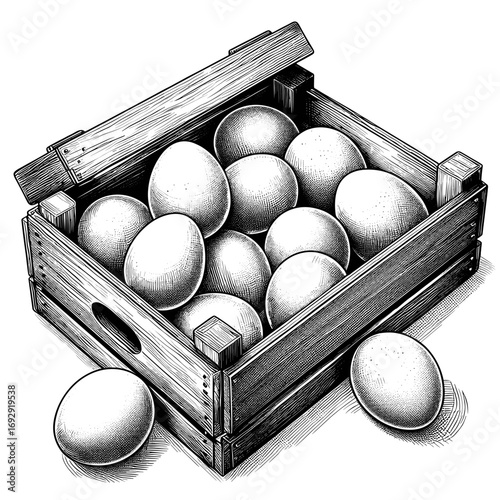 Eggs in wood crate in black and white drawing
