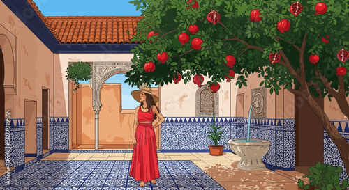 Elegant woman in red dress standing in traditional Moroccan courtyard with pomegranate tree