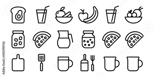 Food And Drink Icons With Toast Pizza And Fruit Bowl vector illustration