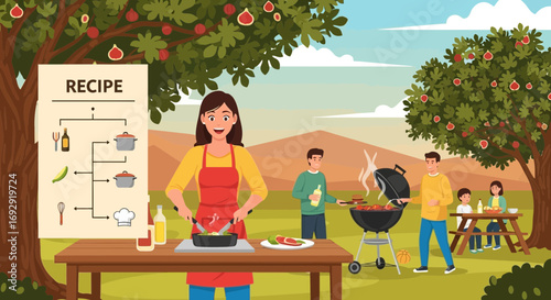Illustration of a family picnic with barbecue preparation and recipe demonstration outdoors at