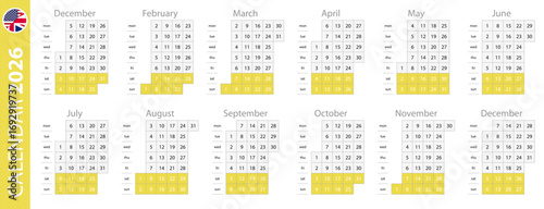 Calendar template for 2026 year, vertical grid design. Vector calendar 2026.