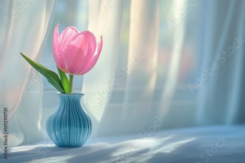 Pink Tulip in a Blue Vase Near Soft Curtains Showcasing Morning Light.