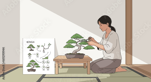 Illustration of a woman tending to a bonsai tree in a traditional Japanese setting displaying