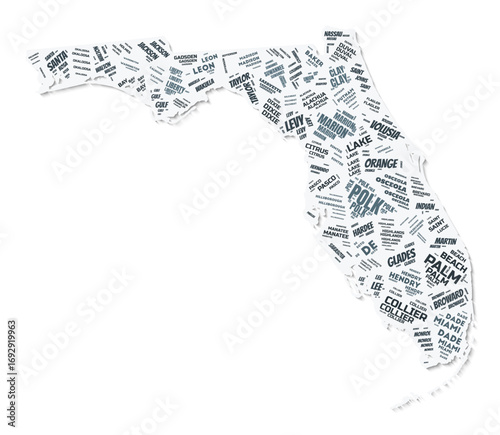 Florida shape text cloud. State border with shadow on white background. Florida with counties division in vintage gazette style. Trending vector illustration.