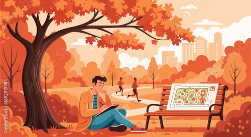 Illustrative Autumnal Scene: Man Sketching in Park with Cityscape Backdrop during Fall