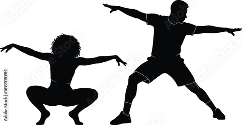 Squatting dancer silhouettes, black vector illustration, expressive body movement, powerful pose, strong athletic stance, energetic motion art, dynamic posture,