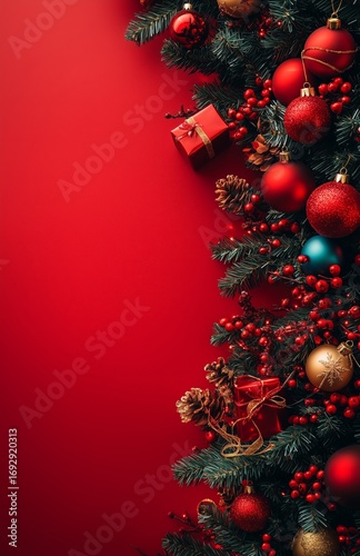 Festive Decorations Adorn a Vibrant Red Christmas Tree in a Cozy Setting