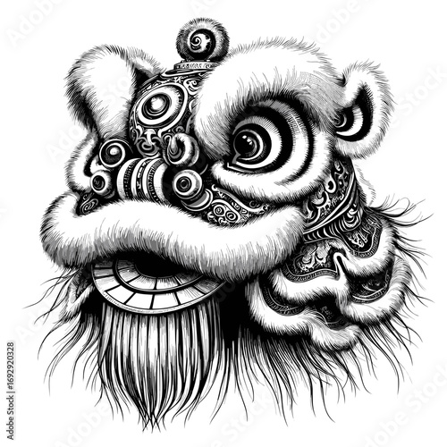 Lion Dance Mask in Traditional Style, Black and White