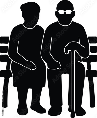 Vector Elderly couple sitting on bench rest silhouette Illustrator