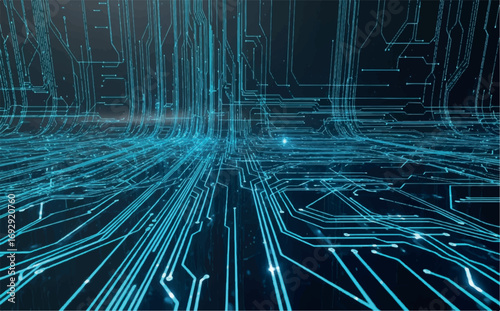 Abstract digital landscape with glowing blue circuit board pathways and lines, creating a futuristic technological network in a dark setting
