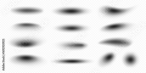 Set of black soft blurry shadows with oval and linear shapes in various sizes and gradients on transparent background with subtle texture