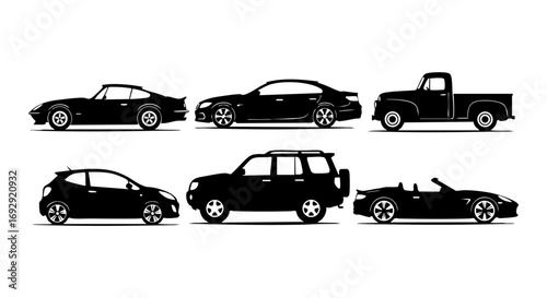 Vehicle Silhouette Vector Set | Diverse Black Automobile and Sedan Car Collection Isolated on White Background