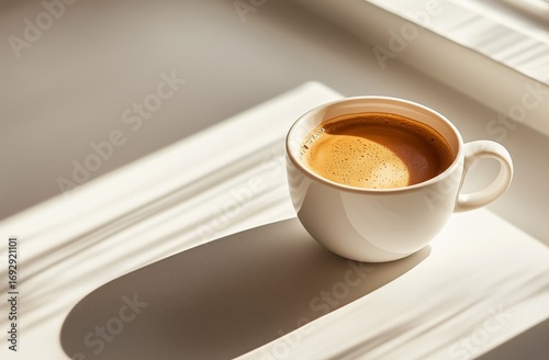 Morning Coffee Cup Resting on a Table With Sunlight Casting a Shadow in a Coz...
