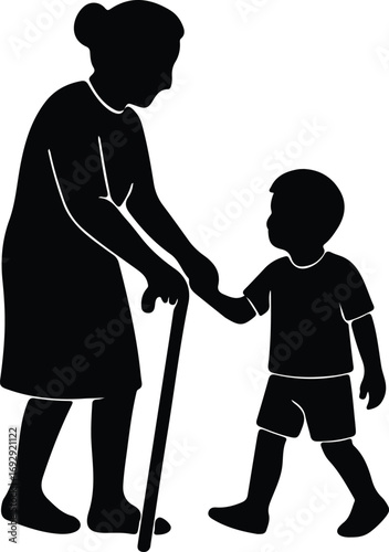 Vector Grandmother and grandson holding hands silhouette Illustrator