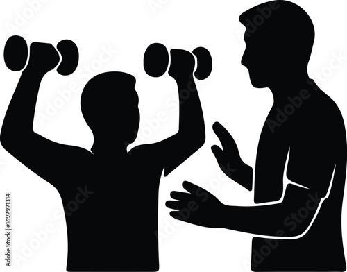Vector man lifting dumbbells with trainer silhouette Illustrator