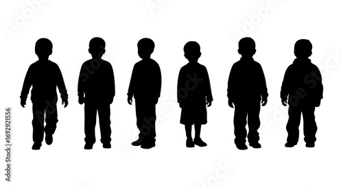 Young Boy Silhouette Vector Set | Standing Male Child Figures Isolated on White Background