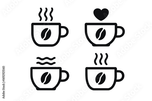 A collection of four minimalist line-art vector icons depicting steaming coffee mugs, some adorned with coffee bean motifs