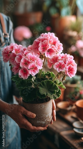 Hands Holding Pink Geraniums in a Rustic Pot in a Cozy Workshop Setting.