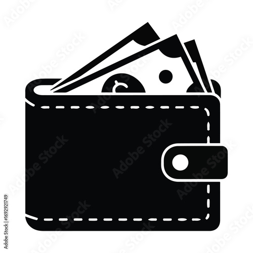 Black silhouette of a wallet filled with cash and banknotes symbolizing financial wealth and savings