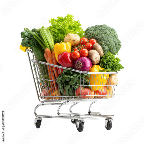 Fresh vegetables and fruits fill a shopping cart in a grocery store ready for healthy meal preparation
