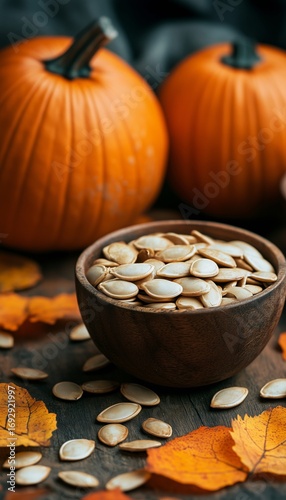 Vibrant Orange Pumpkins and Seeds Arranged on Burlap for Fall Decor and Harve...
