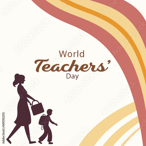 Celebrating world teachers' day with a silhouette of a teacher and child walking together in a heartwarming design for educational campaigns