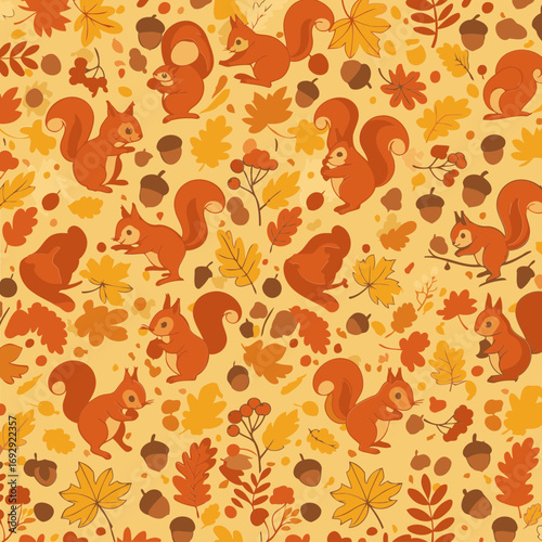 Adorable cartoon squirrels with autumn leaves and acorns in a seamless pattern. Cute woodland animals in autumnal foliage with varied fall colors.