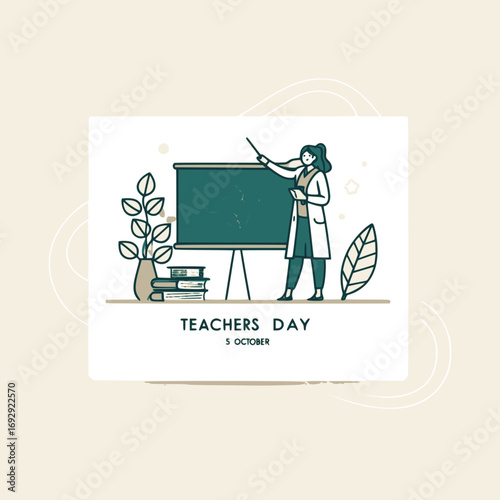 Teacher explains lesson on chalkboard with books and plant in classroom illustration for teachers day celebration and educational purposes