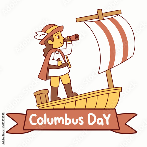 Cartoon illustration of Christopher Columbus on a ship celebrating Columbus Day with a telescope and festive banner perfect for holiday greetings