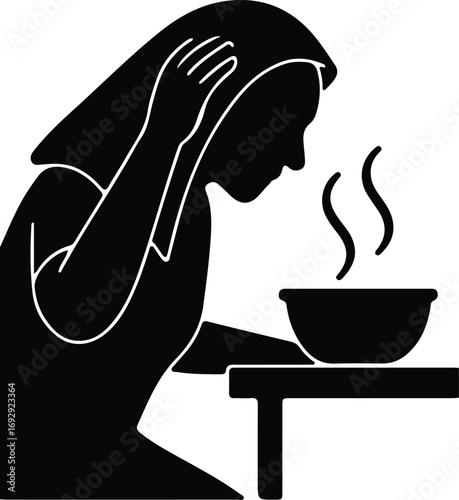 Vector Woman steaming face in bowl silhouette Illustrator