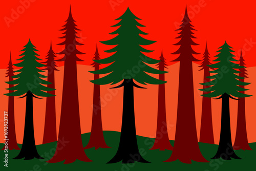 Stylized evergreen forest silhouette against a vibrant orange sunset sky