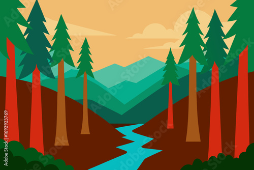 Stylized forest landscape with a winding river and distant mountains