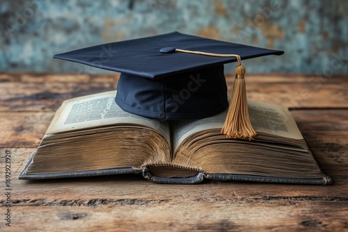 Graduation Cap Resting on an Open Book in a Library Setting.
