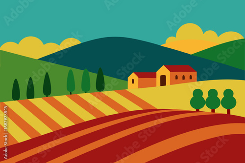 Stylized illustration of a rural landscape with rolling hills and farm buildings