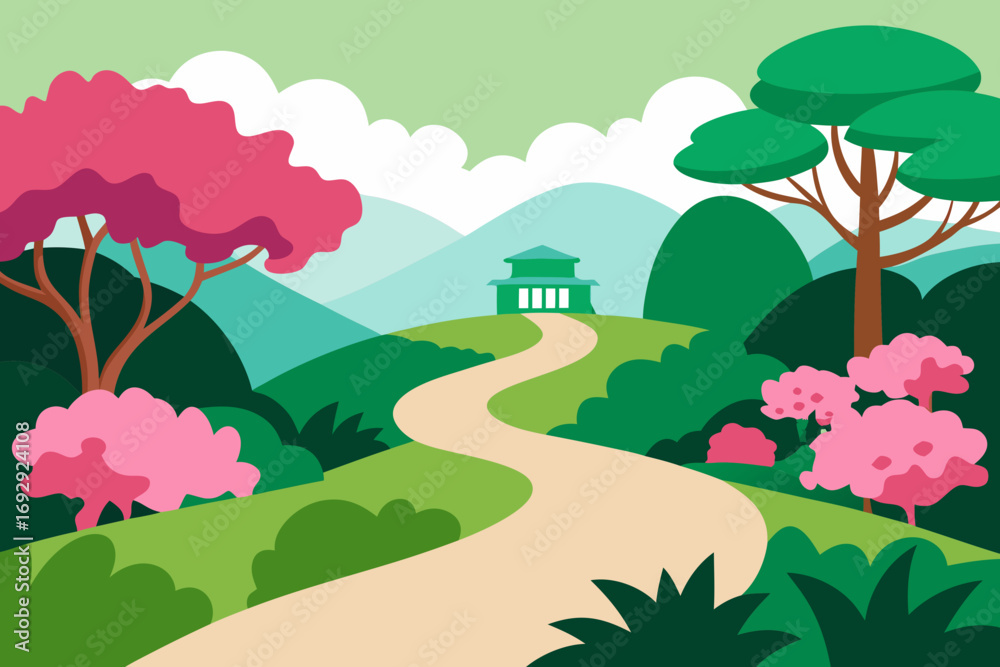 Fototapeta premium Serene japanese garden landscape with winding path leading to traditional house