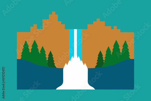 Stylized illustration of a majestic waterfall cascading down rocky cliffs surrounded by pine trees
