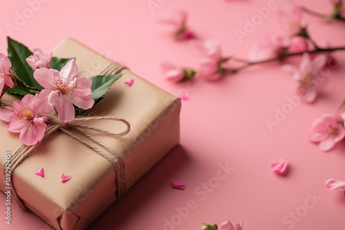 Gift Wrapped in Brown Paper With Pink Flowers on a Soft Pink Background
