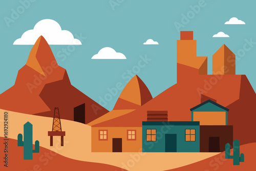 Stylized desert landscape with buildings mountains cacti and an oil derrick