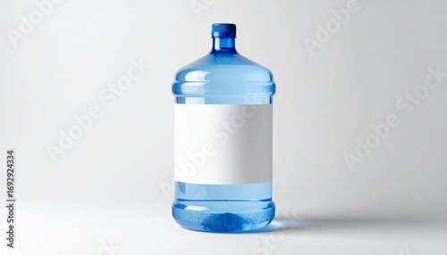 Studio shot of a large blue plastic water cooler jug with a blank white label for branding mockups, isolated on a white background