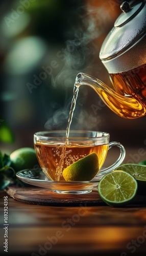 Hot Tea Being Poured Into a Glass Cup With Fresh Lime Slices on a Wooden Tabl...